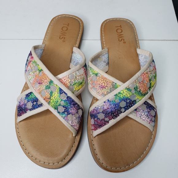 Toms Slide On Embroidered Floral Mesh Sandels - Picture 1 of 8